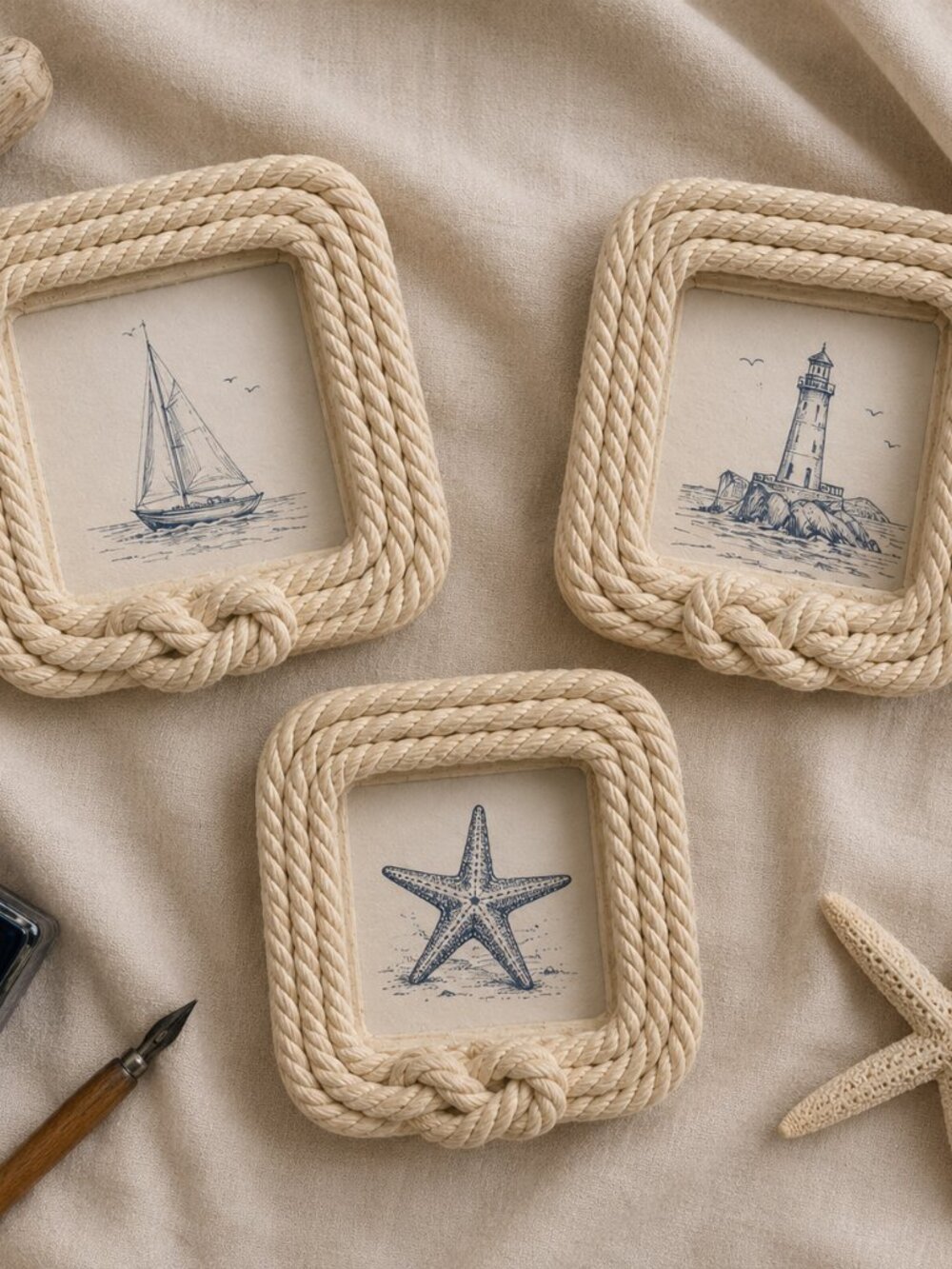 NEW Kate Aspen Cream Rope Square Mini Photo Frames (Set of 3) 2.25” x 2.25”